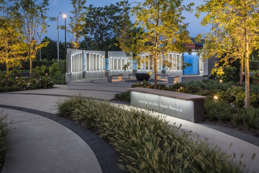 Lifeline of Ohio donor memorial at night designed by EDGE.