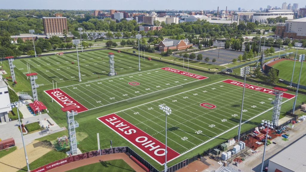 Aerial view of football and soccer fields at The Ohio State University Athletic Sub-District.