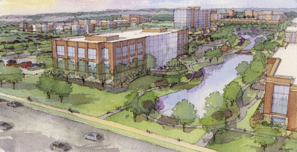 Trees and pond landscape and building planning sketch of Westar in Westerville, Ohio.